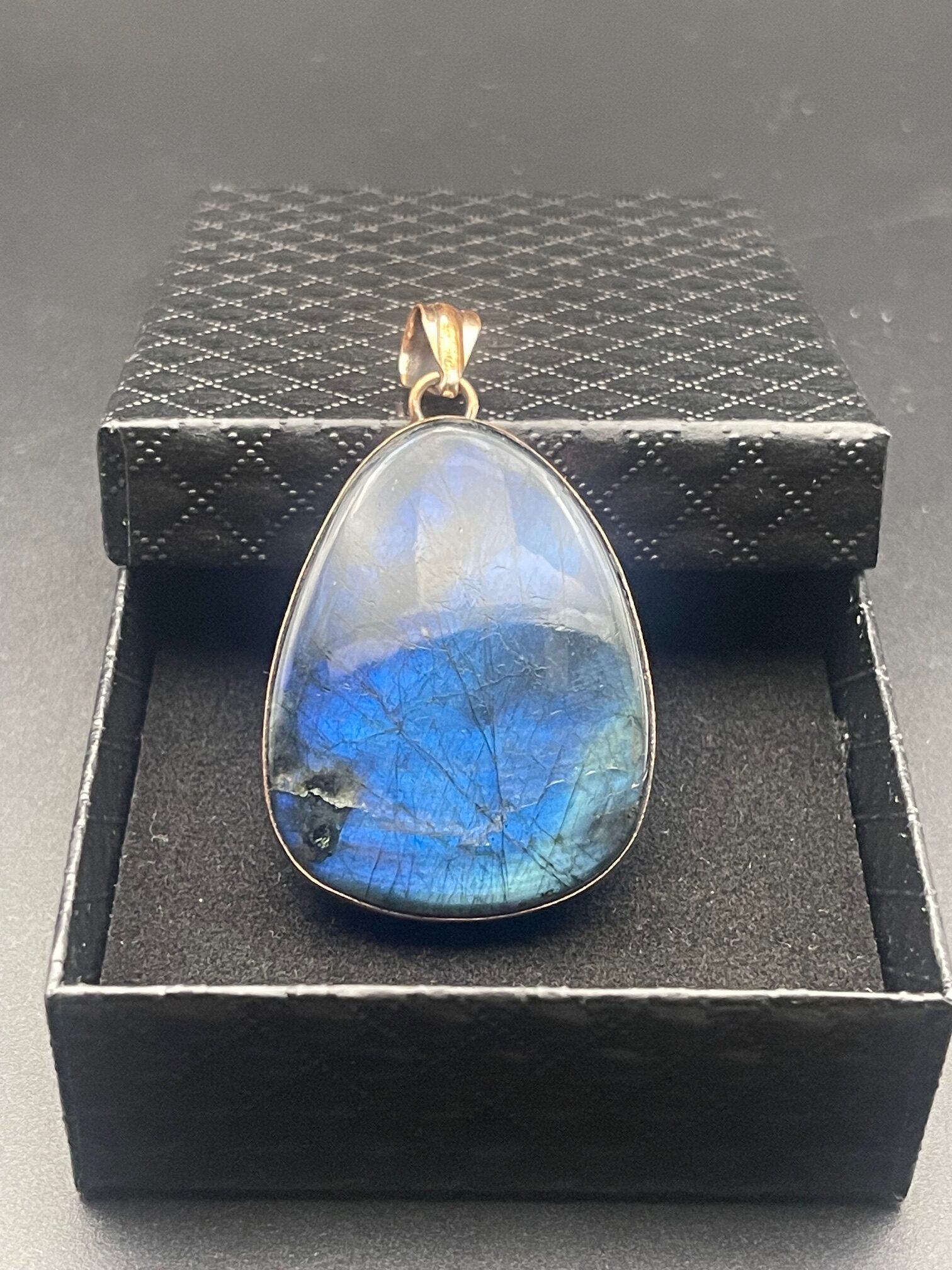 Labradorite in Handmade Pure Copper Pendant 4 Propped in Box rotated - Labradorite in Handmade Pure Copper Pendant, 4, Propped in Box - Labradorite in Handmade Pure Copper Pendant, 4, Propped in Box - AURORA ARTISAN JEWELLERY