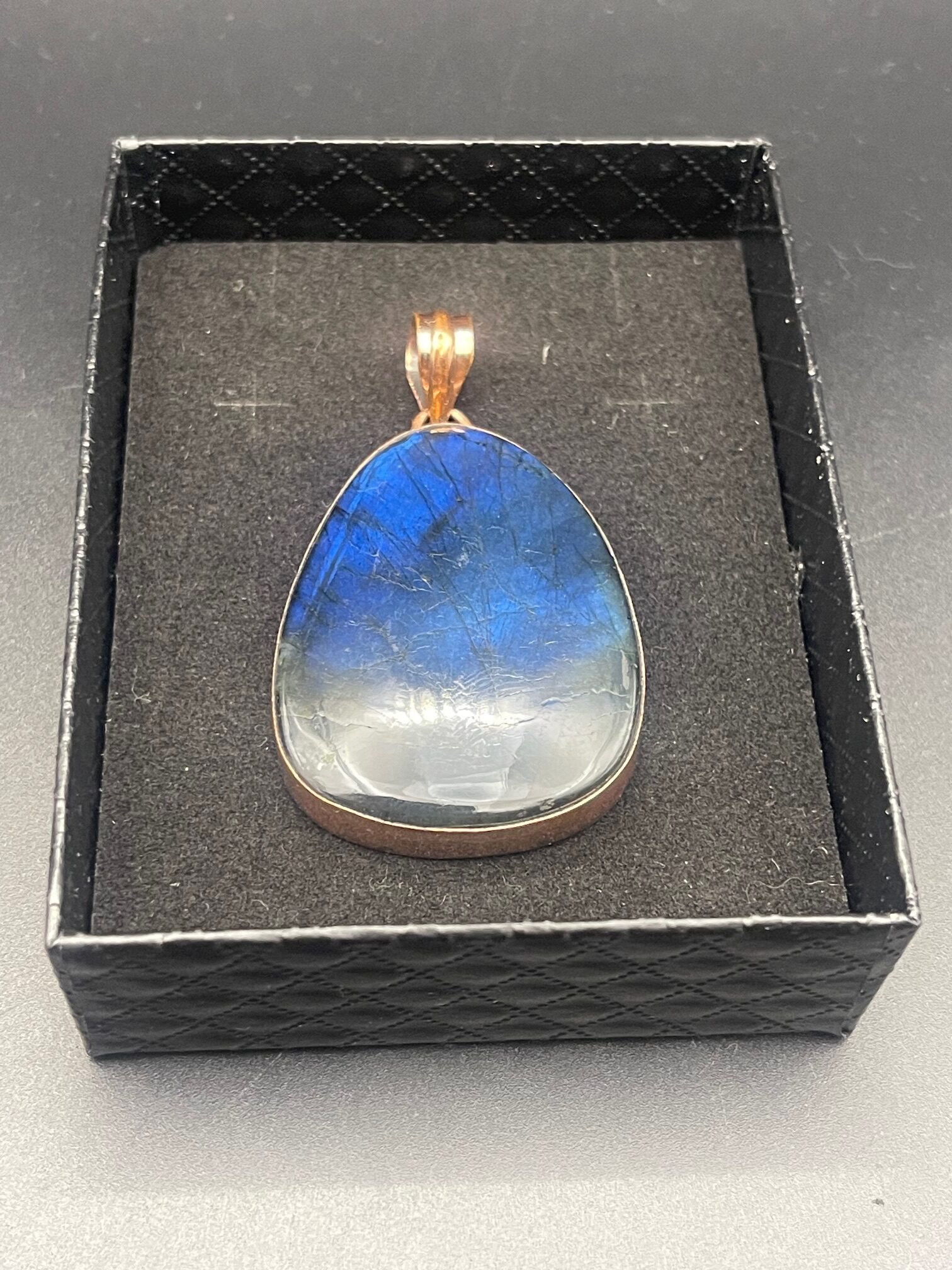 Labradorite in Handmade Pure Copper Pendant 5 Flat in Box rotated - Labradorite in Handmade Pure Copper Pendant, 5 Flat in Box - Labradorite in Handmade Pure Copper Pendant, 5 Flat in Box - AURORA ARTISAN JEWELLERY