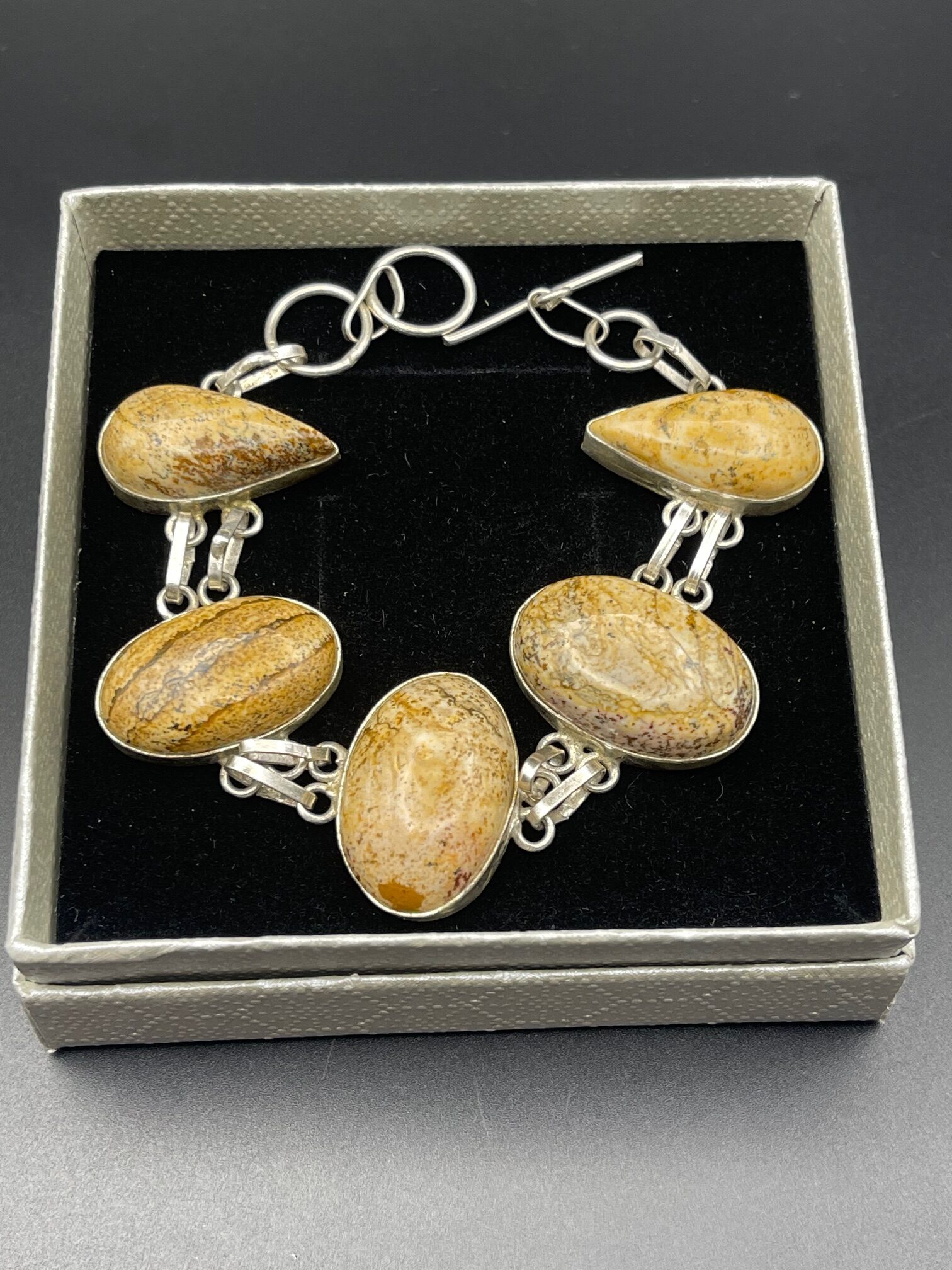 Picture Jasper in Handmade Silver Plated Bracelet 3 in Square Box rotated - Picture Jasper in Handmade Silver Plated Bracelet, 3 in Square Box - Picture Jasper in Handmade Silver Plated Bracelet, 3 in Square Box - AURORA ARTISAN JEWELLERY