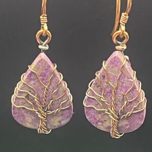 Pretty purpurite jasper set within hand-wrapped copper wire tree of life earrings.